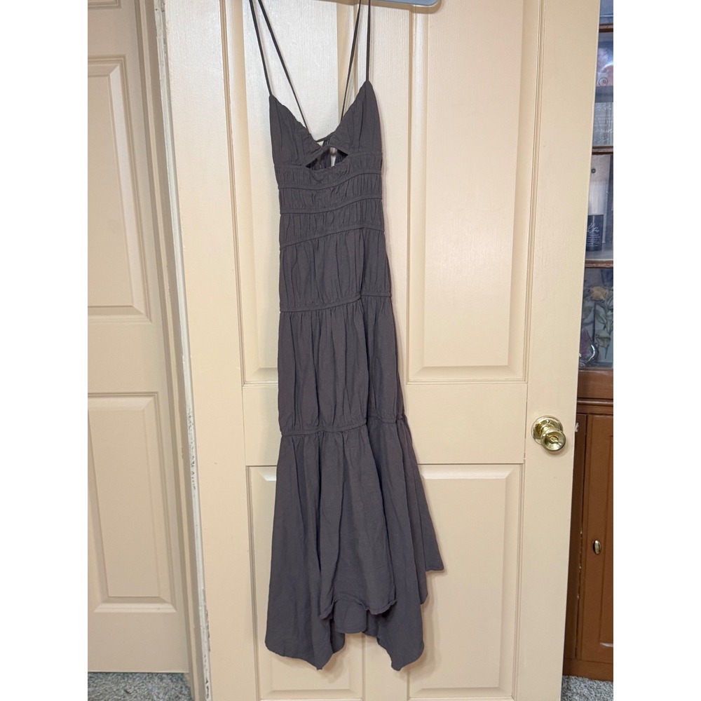 SNDYS Everyday Tiered Maxi Dress Charcoal Brown Smocked Cutout Backless Small